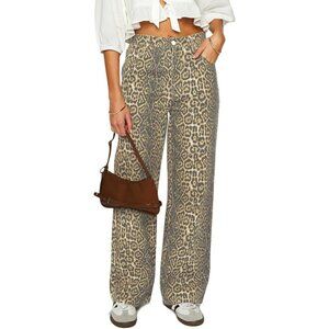 Women's Stretchy Leopard Print Baggy Jeans High Waist Straight Leg Pants